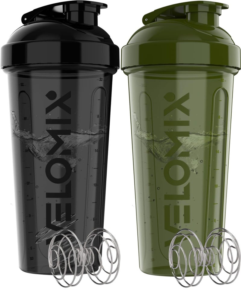 VELOMIX 2 Pack 28 oz Protein Shaker Bottles for Protein Mixes 2x Wire Whisk Leak Proof Shaker Cups for Protein Shakes Protein Shaker Bottle Pack Shakers for Protein ShakesGreenBlack